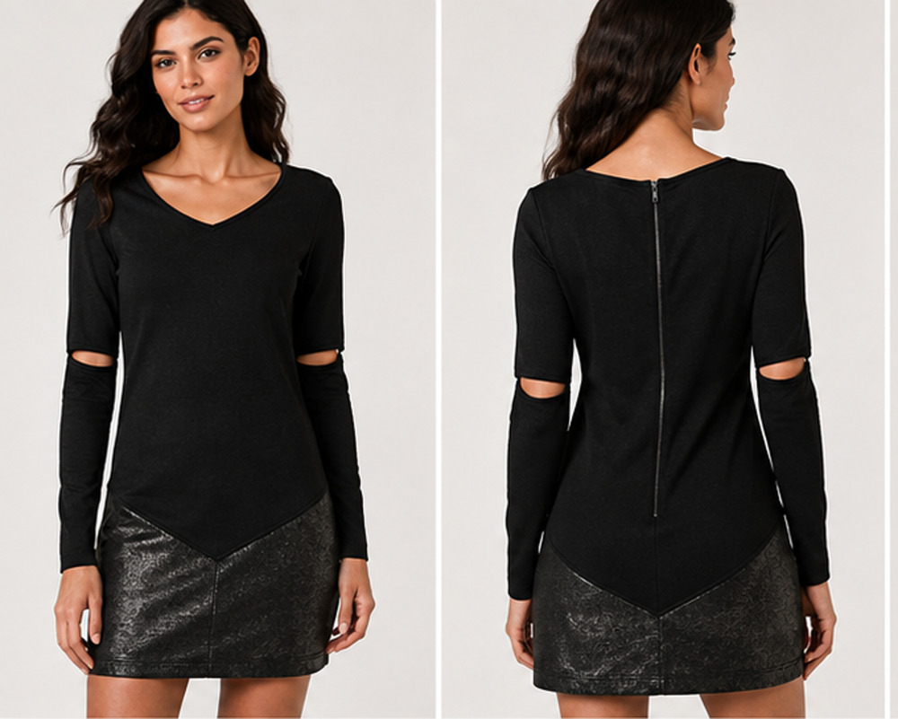 AIKO BLACK COTTON LEATHER OPEN ELBOW SCOOP NECK DRESS SZ M NEW SAKS